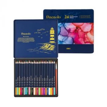 Акварелни цветни моливи Deli Finenolo EC129-24, 24 цвята + четка, в метална кутия