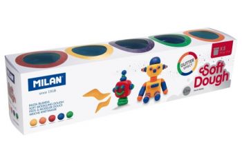 Milan Soft Dough Glitter - Тесто за моделиране 5 цвята, 142 грама